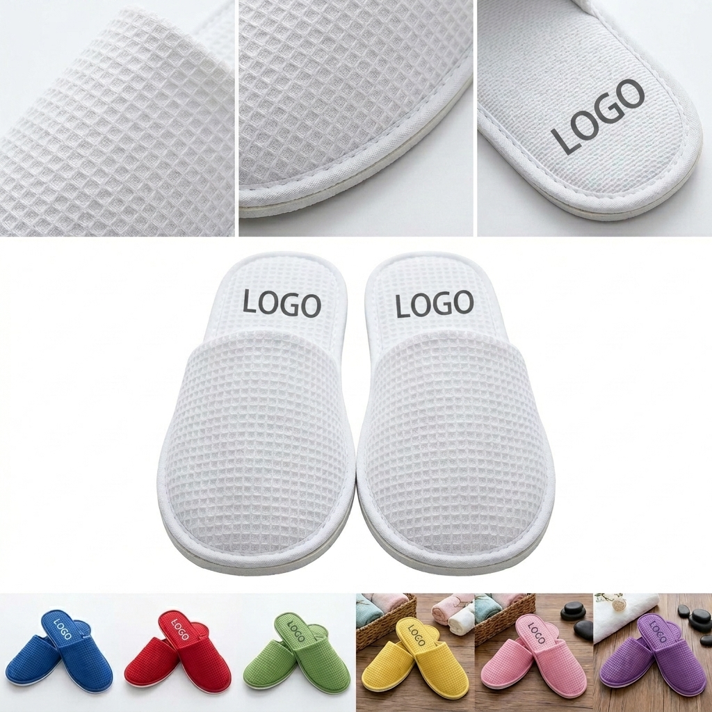 Custom Logo Waffle Ribbon Hotel Slippers with Printing