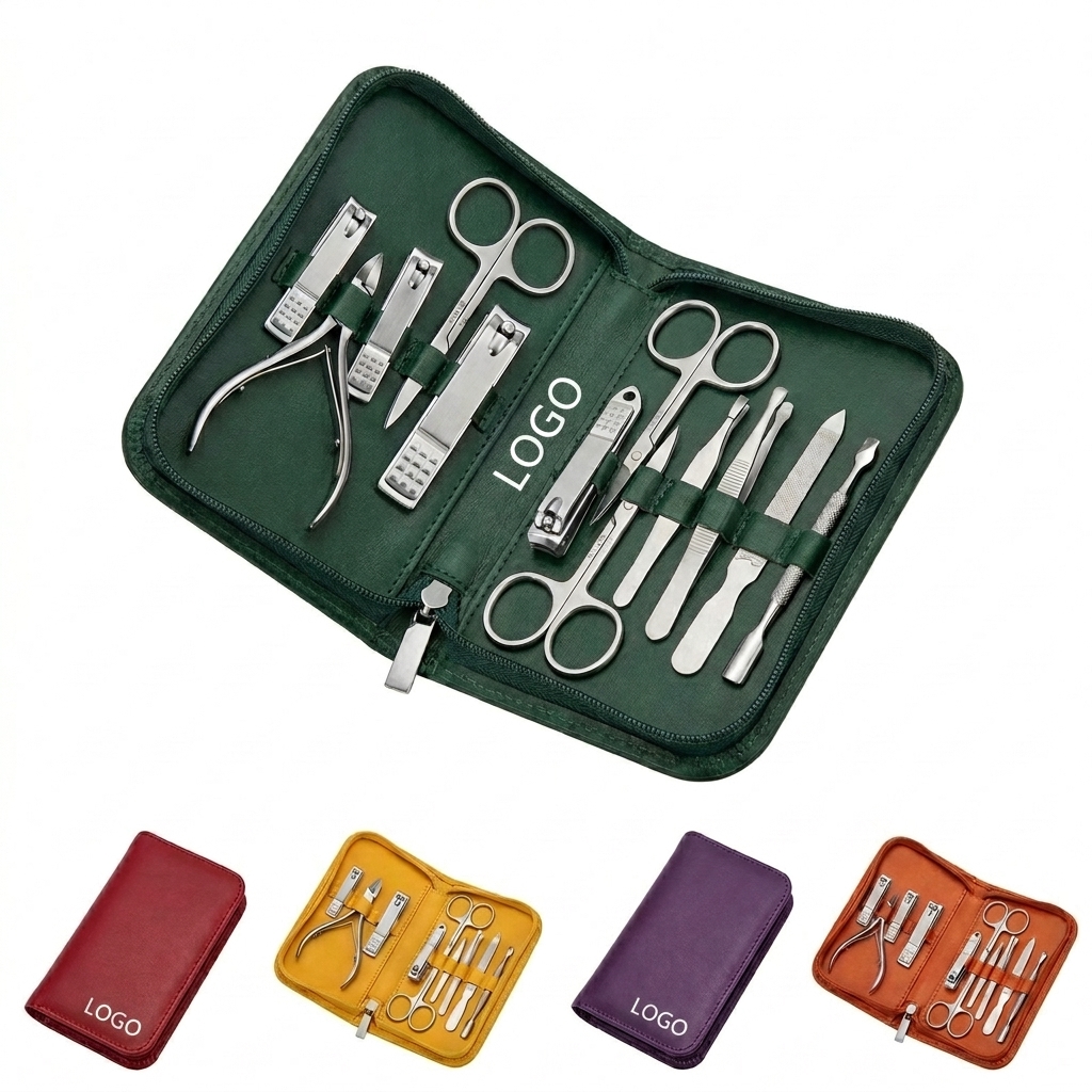 12-Piece Dark Green Professional Manicure Kit with Leather Case