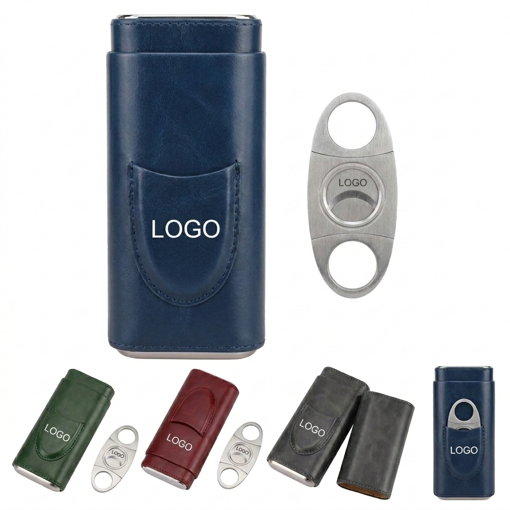 Portable Blue Leather Cigar Travel Humidor with Cutter for 3 Cigars