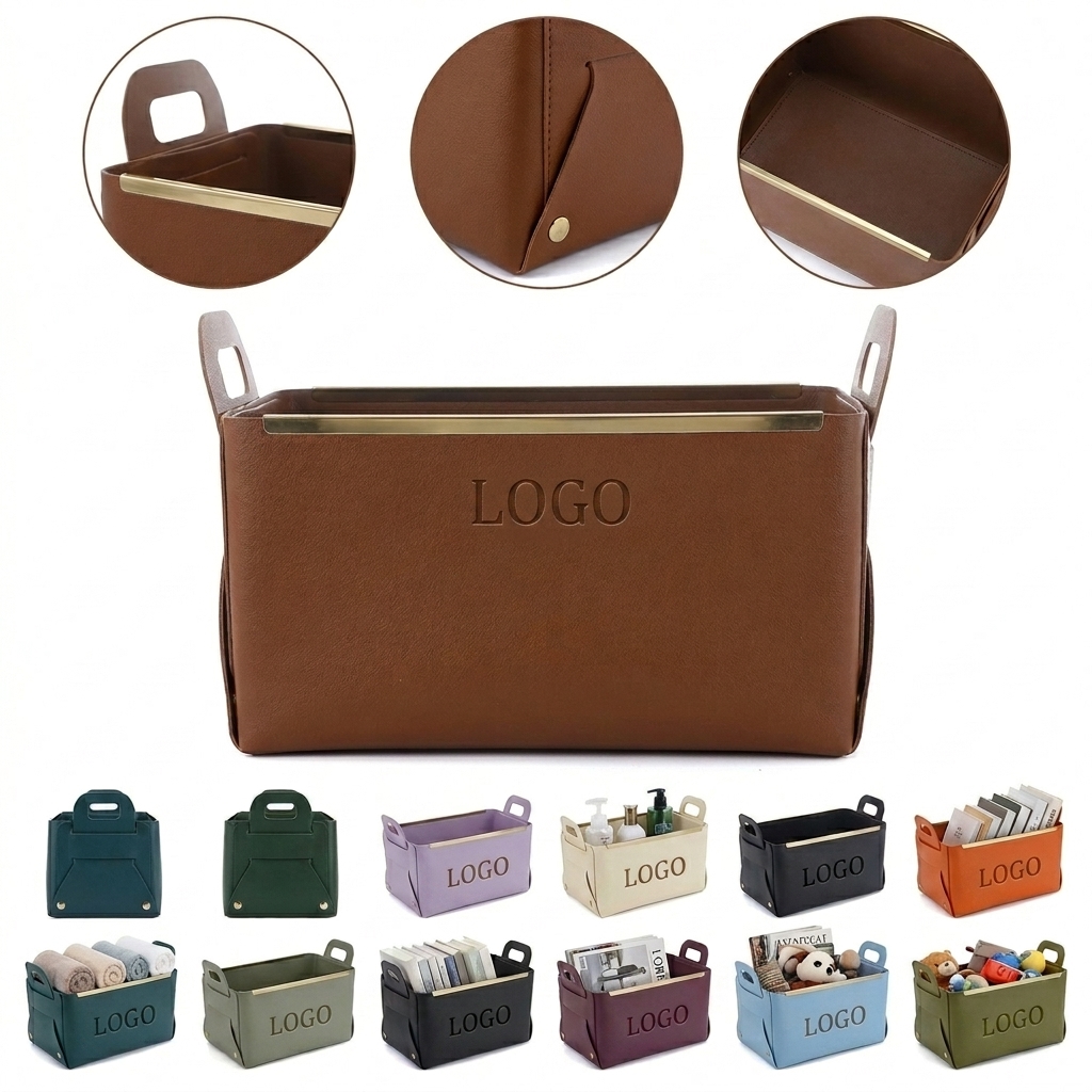 Foldable PU Leather Storage Organizer Basket with Handles for Cosmetics & Sundries