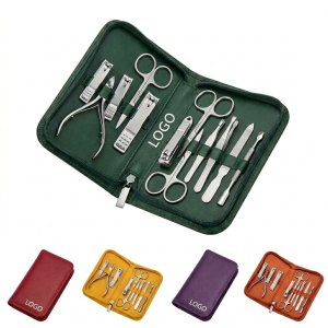 12-Piece Dark Green Professional Manicure Kit with Leather Case