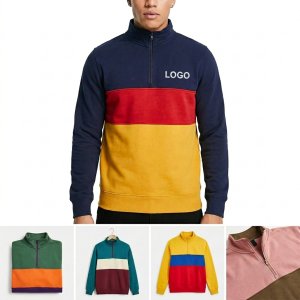 Men's Tri-Color Patchwork Quarter-Zip Cotton Sweatshirt