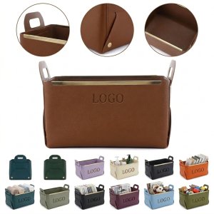Foldable PU Leather Storage Organizer Basket with Handles for Cosmetics & Sundries
